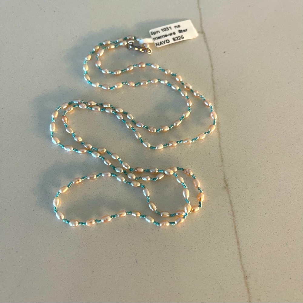 One of a kind pink freshwater pearls double knotted with green silk Necklace